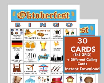 Oktoberfest, Oktoberfest Bingo, Bingo Games, Printable Games, Digital Download, 30 Different Cards, Call List Included