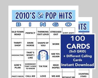 Principales éxitos musicales de 2010, fiesta musical de 2010, bingo musical, descarga digital instantánea, lista de reproducción de Spotify incluida, 100 tarjetas de bingo únicas