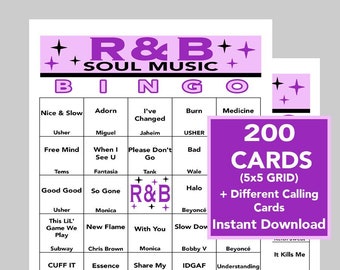 R&B Music Hits, Soul Music, 75 Songs, Digital Download, Bingo Games, Printable Games, 200 Different Bingo cards, Spotify Playlist Included