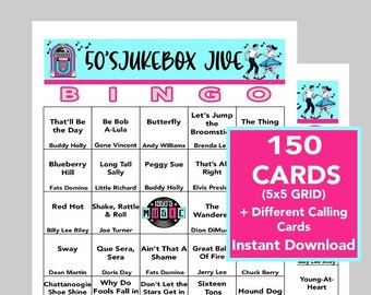 50's Music Hits Bingo, 150 Cards, Printable Party Game (Digital Download)
