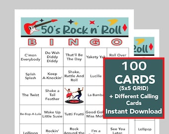50's Rock 'n' Roll, 50's Rock 'n' Roll Bingo, Music Games, Rock 'n' Roll Party, Digital Download, 100 Bingo cards, Spotify Playlist Included