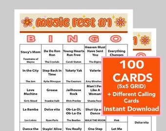Könnte beinhalten: Eine druckbare Bingokarte im Retro-Stil der 70er Jahre. Die Karte verfügt über ein 5x5-Raster mit Feldern, die Songtitel und Künstlernamen enthalten. Die Karte trägt den Titel "Music Fest #1" und ist Teil eines Sets mit 100 Karten. Der Text "Sofort-Download" ist ebenfalls auf der Karte enthalten.