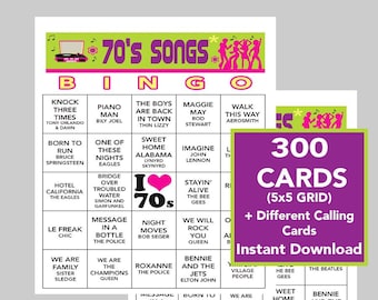 Éxitos musicales de los 70, Fiesta de los 70, Cumpleaños de los 70, Descarga digital instantánea, Juegos de bingo, Lista de reproducción de música de Spotify, 300 cartones de bingo diferentes