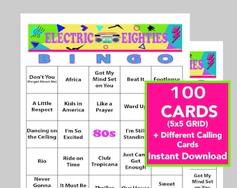 80's Music Hits, 80's Party, Instant Digital Download, Bingo Games, Printable Games, 100 Different Bingo cards, Spotify Playlist