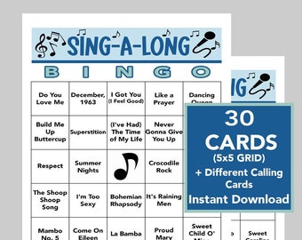 Bingo musical, jeux musicaux à chanter en longueur, fête des années 70, 80 et 90, téléchargement numérique instantané, 30 cartes de bingo, liste de lecture Spotify incluse