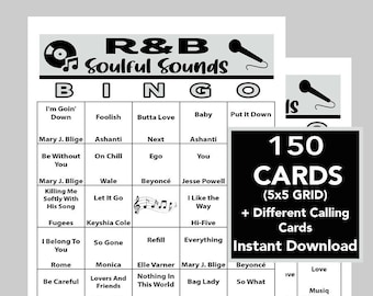 R&B Music Hits, Rhythm and Blues, Soulful Sounds, Printable Digital Download, Bingo Games, 150 Unique Bingo cards, Spotify Playlist Included