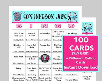 50's Music Hits, 50's Party, 50's Jukebox Jive, 1950's Party, Digital Download, Bingo Games, Printable Games, 100 Different Bingo cards