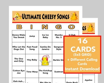 Fun Music Hits, Cheesy Music Party, Dan Party Music Bingo, Instant Digital Download, Spotify Playlist Included, 16 Unique Bingo cards.