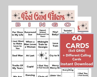 Music Bingo, Feel Good Music Games, 60,'s, 70's, and 80's Party, Instant Digital Download, 60 Bingo cards, Spotify Playlist Included