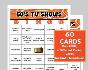 60's TV Shows, 1960's Games, 60's Bingo Music, Instant Digital Download, Bingo Games, Printable Games, 60 Bingo cards, Spotify Link