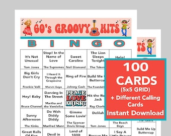60's Music Hits, 60's Party, 60's Birthday, Instant Digital Download, Bingo Games, Spotify Playlist included,  100 Different Bingo cards