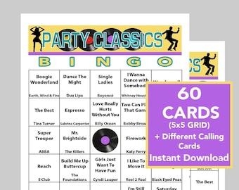 Music Bingo, Party Classic Hits Music, Bingo Games, Instant Digital Download, 60 Different Bingo cards, Spotify Playlist Included