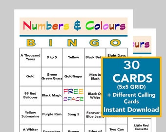 Number and Colors Music Hits, Music Party, Singo Bingo, Instant Digital Download, Spotify Playlist Included, 30 Unique Bingo cards