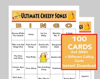 Fun Music Hits, Cheesy Music Party, Dan Party Music Bingo, Instant Digital Download, Spotify Playlist Included, 100 Unique Bingo cards