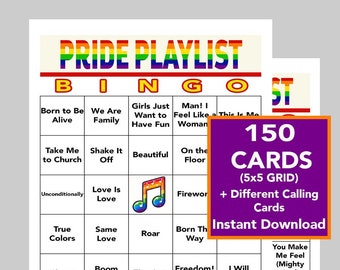 Pride BINGO, Pride Month, Pride Music, Pride playlist bingo, LGBTQ games, Musical Bingo, Digital Download, 150 Unique Cards