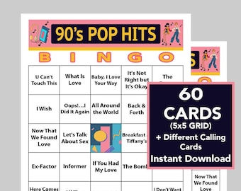 Éxitos musicales de los 90, canciones exitosas de los 90, cartones de bingo musical, juego de descarga digital, lista de llamadas y lista de reproducción de Spotify incluidos, 60 cartones diferentes