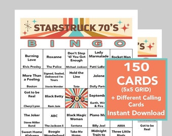 70's Music Hits, 70's Party, 70's Birthday, Instant Digital Download, Bingo Games, Printable Games, 150 Different Bingo cards, Spotify Link