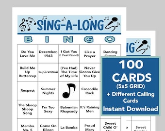 Music Bingo, Sing-a-long Music Games, 70's, 80's, and 90's Party, Instant Digital Download, 100 Bingo cards, Spotify Playlist Included