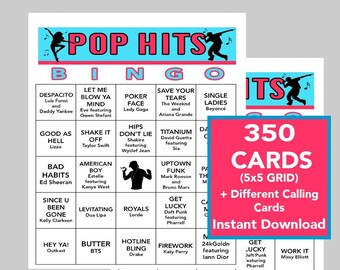 POP Music Hits, POP Music Party, Digital Download, Bingo Games, Printable Games, 350 Different Bingo cards, Spotify Playlist Included