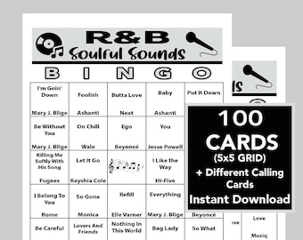 R&B Music Hits, Rhythm and Blues, Soulful Sounds, Printable Digital Download, Bingo Games, 100 Unique Bingo cards, Spotify Playlist Included