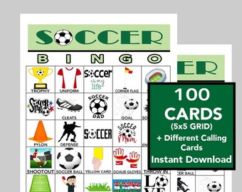 Könnte beinhalten: Fußball-Bingo-Spielkarten mit einem 5x5-Raster, das Illustrationen und Wörter zum Thema Fußball wie "Tor", "Trophäe" und "Fußball" enthält. Das Set enthält 100 Karten und Rufkarten, die sofort zum Download bereitstehen.