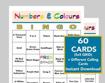 Number and Colors Music Hits, Music Party, Singo Bingo, Instant Digital Download, Spotify Playlist Included, 60 Unique Bingo cards