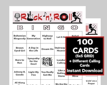 Rock 'n' Roll, Rock 'n' Roll Bingo, Music Games, Rock 'n' Roll Party, Instant Digital Download, 100 Bingo cards, Spotify Playlist Included