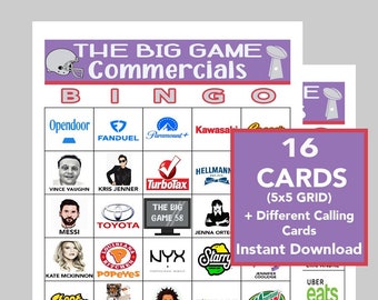 Football Game, The Big Game Commercial Bingo, 5x5 Bingo Cards, Instant Download, PDFs for Easy Printing, Calling Cards Included, 16 Cards