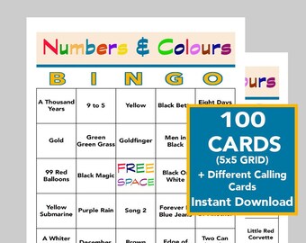 Number and Colors Music Hits, Music Party, Singo Bingo, Instant Digital Download, Spotify Playlist Included, 100 Unique Bingo cards