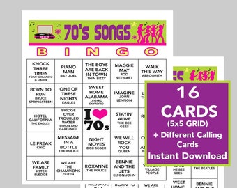 Bingo musical de los 70, 16 cartones imprimibles (descarga digital)