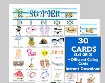 Summer Bingo Cards, Summer  Vacation Bingo, Camp Party Bingo, Summer Games, Summer Fun Games for Kids and adults, Printable Instant Download