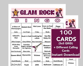 Glam Rock, 70's Rock 'n' Roll Bingo, Music Games, Rock 'n' Roll Party, Instant DIGITAL DOWNLOAD, 100 Bingo cards, Spotify Playlist Included