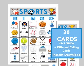 Sports Bingo Game, Summer Bingo,  Party Bingo, Summer Games, Fun Games for Kids, Instant Download, 30 Different Cards