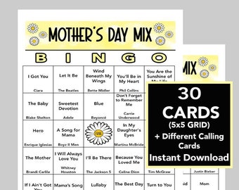 Mother's Day Bingo Game, Mother's Day Song Bingo, Easy to print & play, PRINTABLE,  Family Game, 30  Different cards, Spotify Link Included