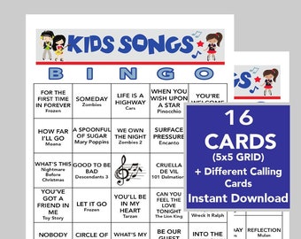 Música para niños, Canciones para niños, Bingo de música para niños, Descarga digital, Juegos de bingo, Juegos imprimibles, 16 cartones de bingo diferentes, Lista de reproducción de Spotify