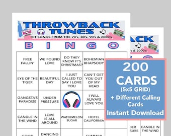 70's, 80's, 90's, 2000's, 2010's Music, Music Birthday, Music Bingo, Instant Digital Download, 200 Different Bingo cards, Spotify Playlist