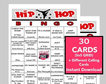 Hiphopmuziek, hiphopmuziekfeest, instant digitale download, bingogames, afdrukbare games, 30 verschillende bingokaarten, Spotify-afspeellijst