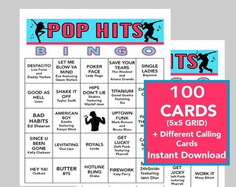 POP Music Hits, POP Music Party, Digital Download, Bingo Games, Printable Games, Virtual Games, 100 Different Bingo cards, Spotify Playlist