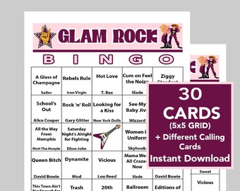 Glam Rock, 70's Rock 'n' Roll Bingo, Music Games, Rock 'n' Roll Party, Instant DIGITAL DOWNLOAD, 30 Bingo cards, Spotify Playlist Included