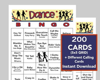 Dance, Dance Music Hits, Dance Party, Dance Bingo, Instant Digital Download, Bingo Games, Spotify Playlist access, 200 Different Bingo cards