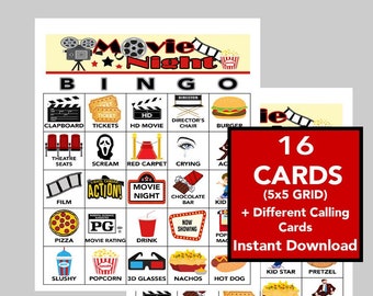 Movies, Movie Night Bingo,  Family Night Games, Instant Digital Download, Kids Movie,  Bingo Games, Printable Games, 16 Different cards