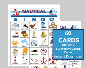 NAUTICAL Bingo Game,  Boating and Fishing Bingo, Nautical Theme Birthday Bingo, Instant Download, 60 Different Cards, Calling Cards