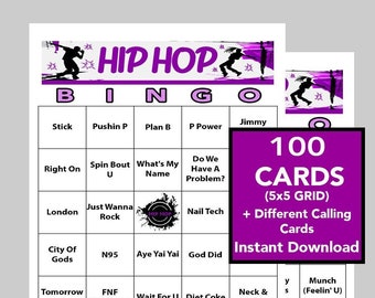 Hip Hop Music, Hip Hop Music Party, Updated 2022 Hip Hop Hits, Digital Download, Bingo Games, 100 Different Bingo cards, Spotify Playlist