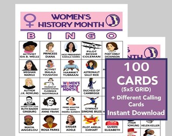 Women's History Month Bingo Game, 100 Cards (Digital Download)