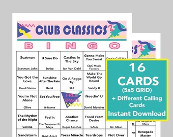 90's Club Classics Music Bingo, 16 Cards (Digital Download)