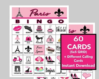 Paris, France, Paris Party Bingo, Paris Games, Instant Digital Download, Printable Games, 60 Different cards, Calling Cards