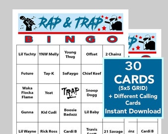 Rap Music, Trap Music, Rap and Trap Bingo, Music Games, Rap and Trap Music, Digital Download, 30 Bingo cards, Spotify Playlist Included