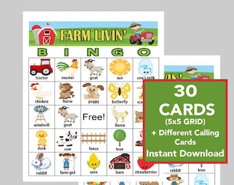 Farm Livin&#39; Bingo, Farm Animal Party, Digital Download, Bingo Games, Printable Games, 30 Different cards