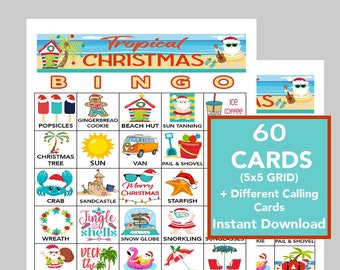 Natale tropicale, Natale al sud, Bingo di Natale, Gioco per feste, Download digitale istantaneo, 60 carte diverse