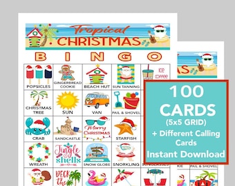 Natale tropicale, Natale al sud, Bingo di Natale, Gioco per feste, Download digitale istantaneo, 100 carte diverse